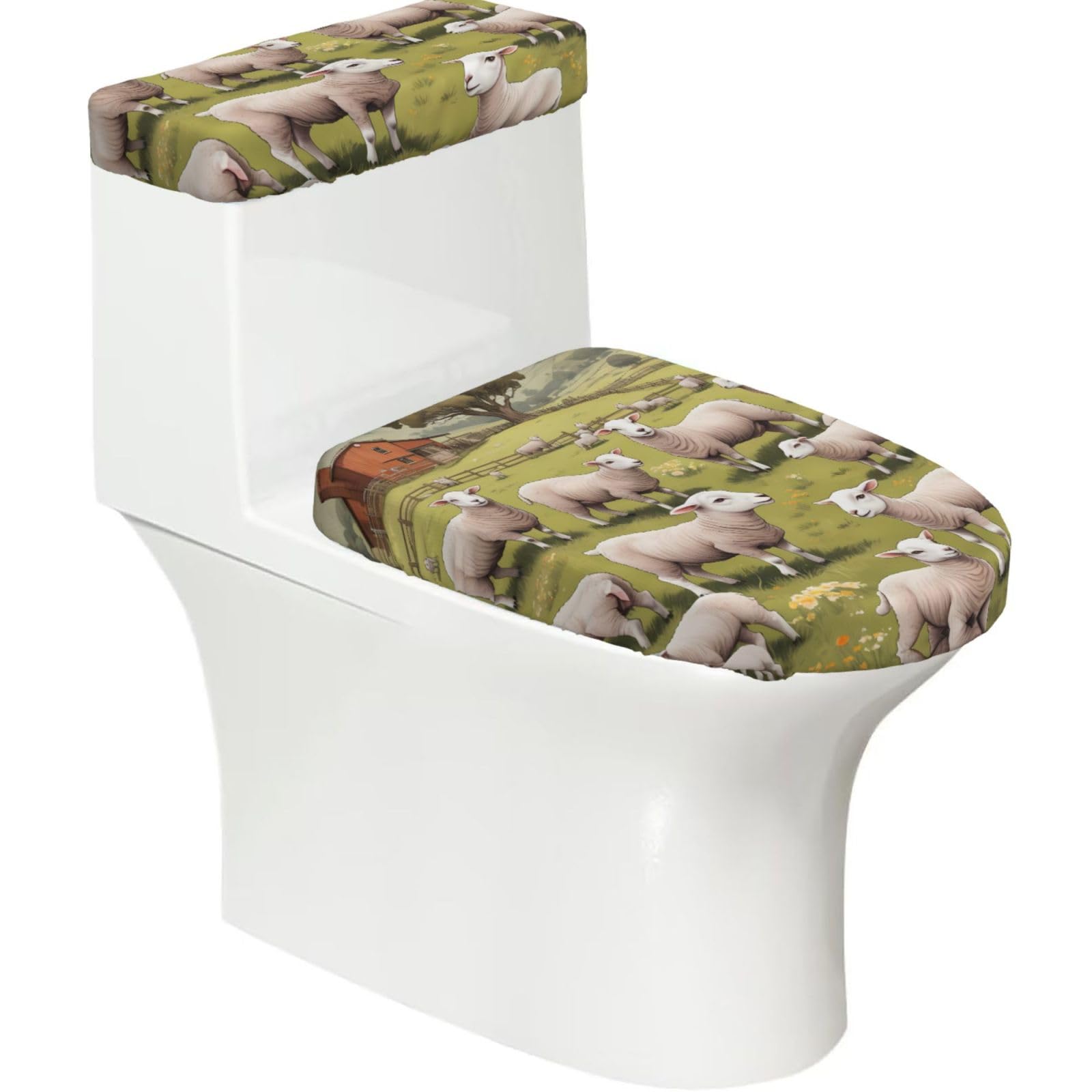 Pasture Sheep 2-Piece Toilet Seat Cover Set with Tank Lid, Elastic Fit for U-Shape & Elongated Toilets, Bathroom Decor, Housewarming Gift