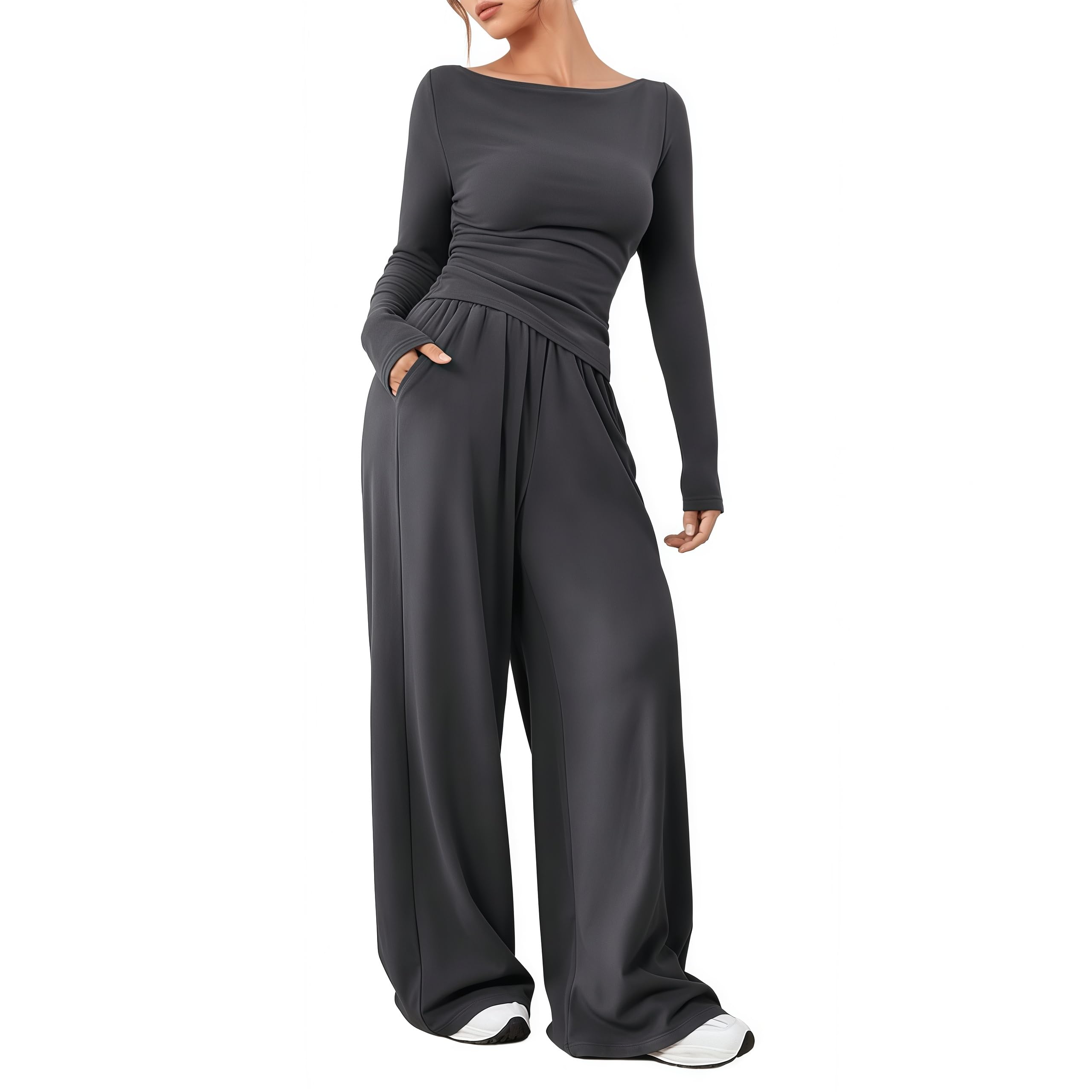 Ensemble Survetement Femme à Taille Haute Tenue de Sport ÉLéGante et DéContractéE Pour Femmes 2-Piece Soft Manche Longue Top Wide Leg Survêtements Ensemble Jogging