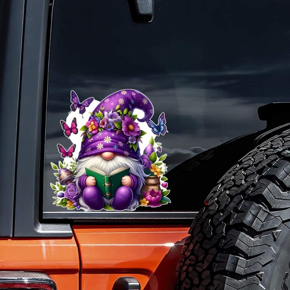 2pcs Bright Purple Gnome with Butterfly Car Sticker, 5.12''x5.12'' Fun Waterproof Sticker for Cars, Trucks, Motorcycles, Walls, Windows, Weatherproof PVC Material | CZ122