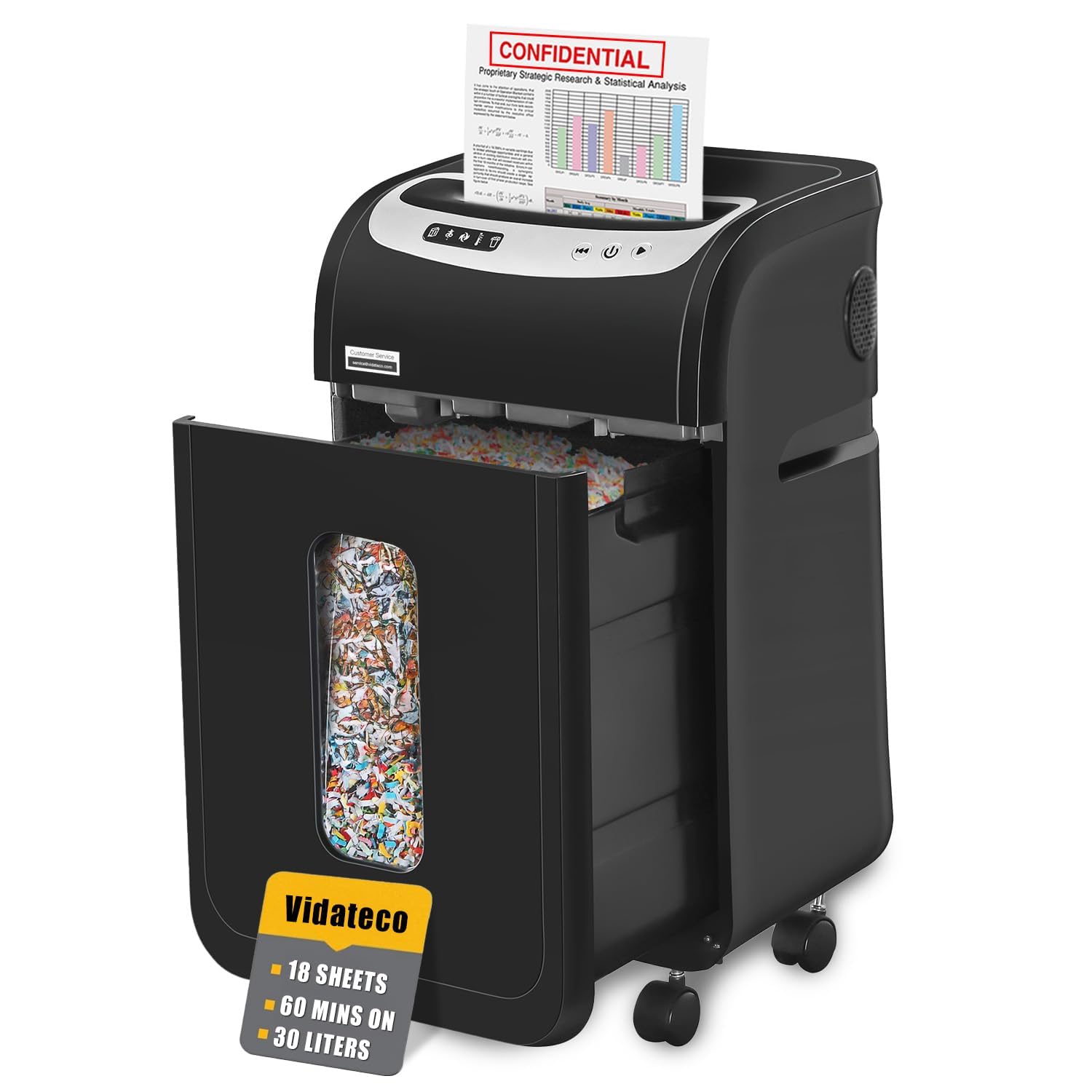 VidaTeco Micro-Cut 18-Sheet Heavy Duty Paper Shredder, P-4, 30L Bin | 60-Min Runtime, Shreds Paper, Cards, Staples & Clips, Jam-Proof, Home Office with 30L Pullout Bin and Wheels