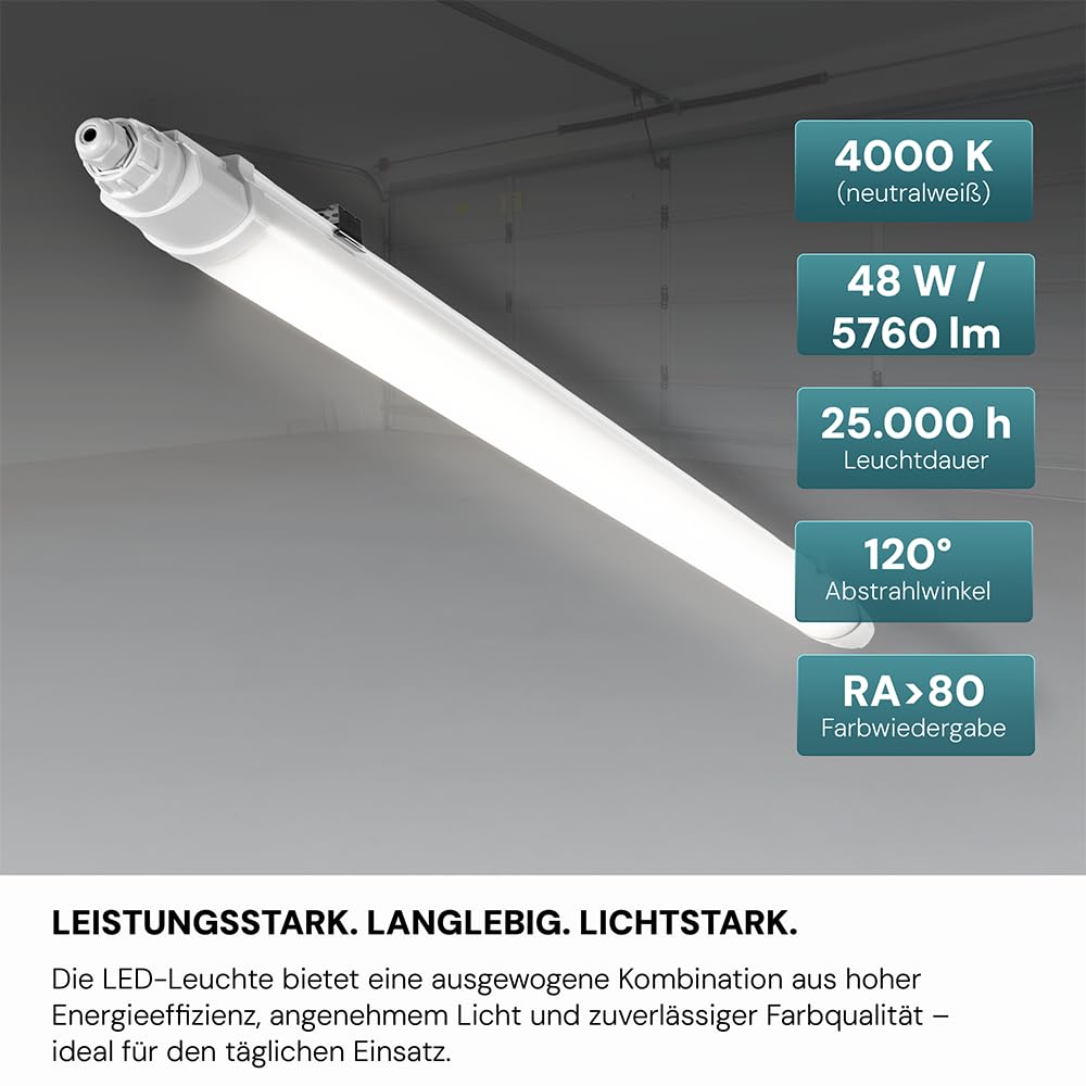 LUXULA 4x LED Feuchtraumleuchte 150cm Wannenleuchte SLIM 48W 4000K Neutralweiß 5760lm - Verknüpfbar - IP65 Wasserdicht - LED Deckenleuchte flach Kellerlampe Garagenlampe - Reihenschaltung
