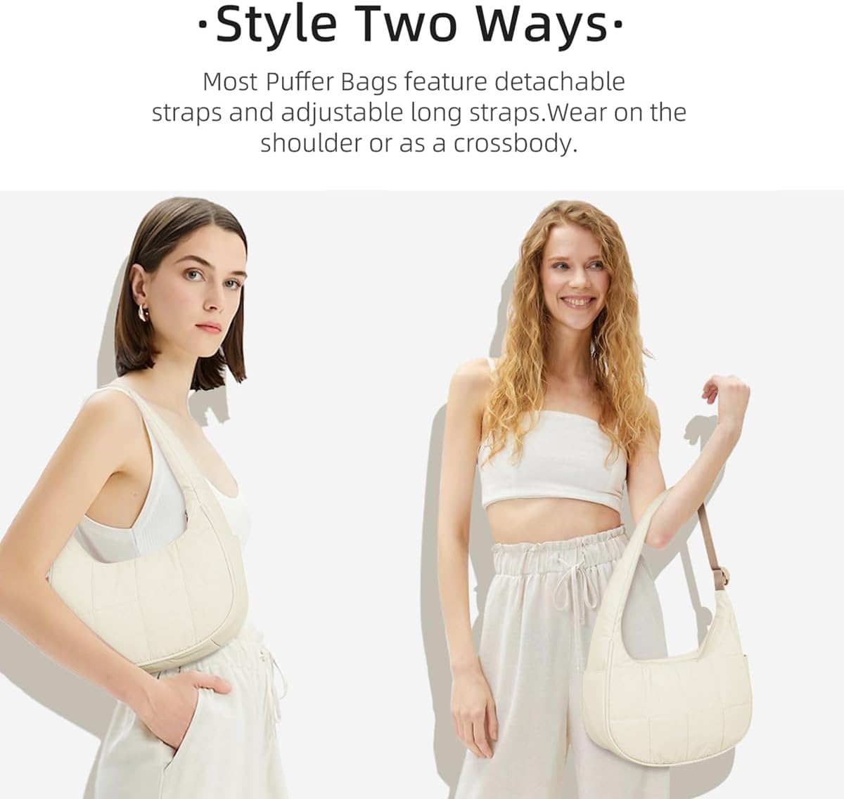 Quilted Puffer Tote Bag for Women，Small Puffer Crescent Shoulder Bag，Quilted Nylon Crossbody Bag with Adjustable Strap - Image 2