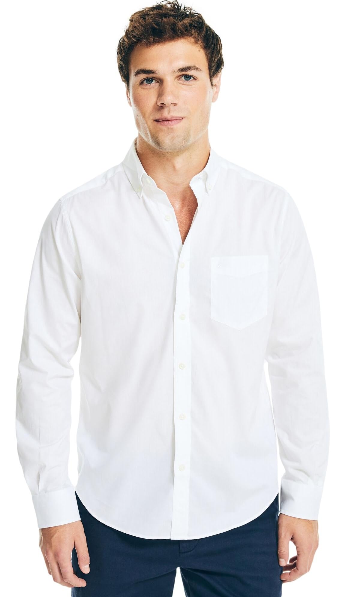 Nautica Mens Wrinkle Resistant Long Sleeve Button Front Shirt, Bright White, XL