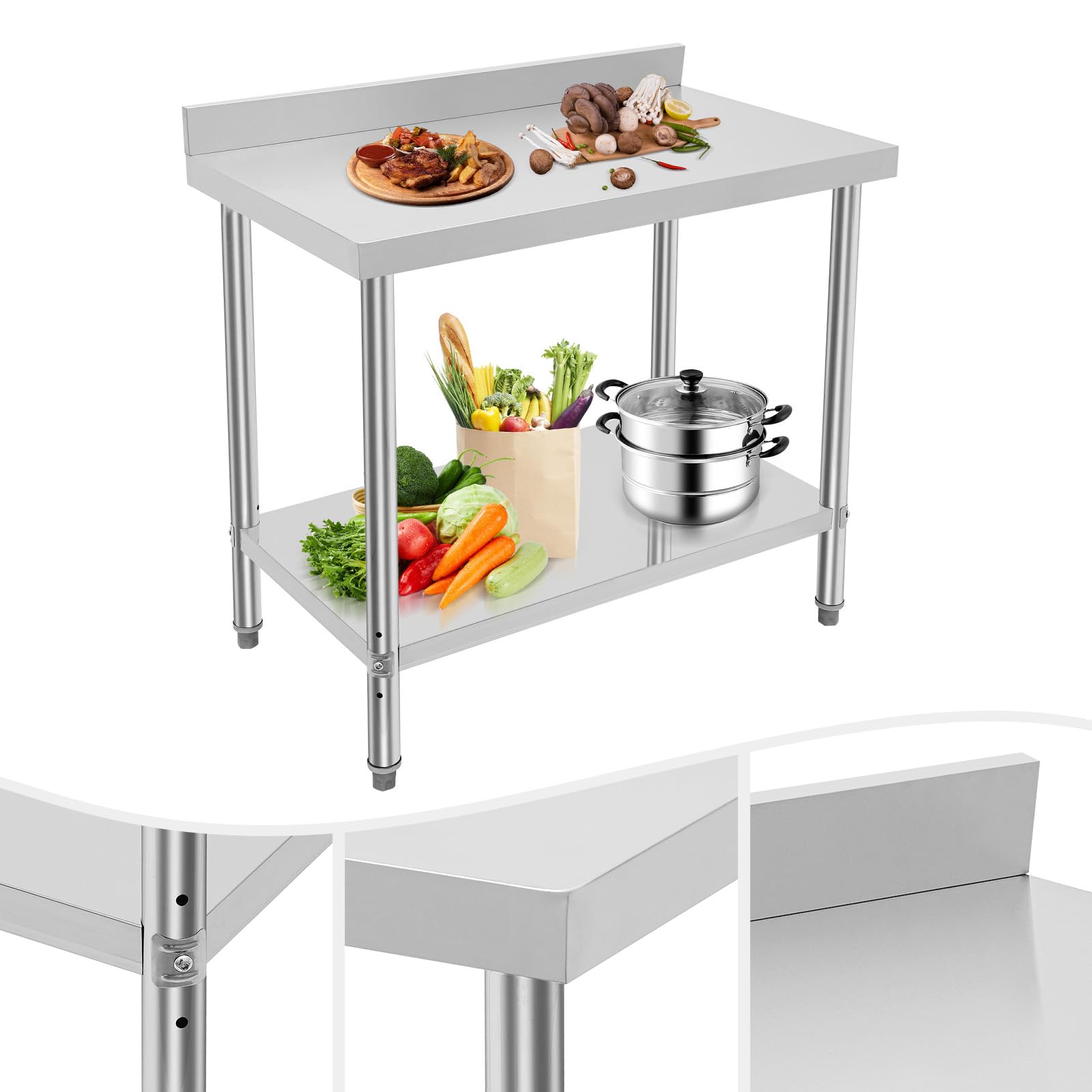 Tavolo da lavoro in acciaio inox a 2 ripiani, robusto con scomparto regolabile, portata 500 kg, per cucina, ristorante, bar e magazzino