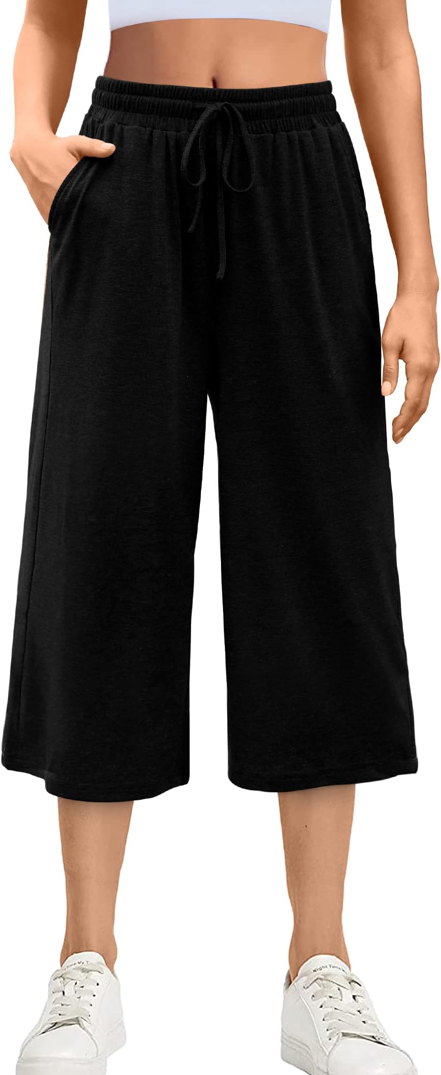 Women's Wide Leg Capri Pants with Pockets Casual Summer Lighweight Elastic Waist Capris Drawstring Loose Fit S-3XL