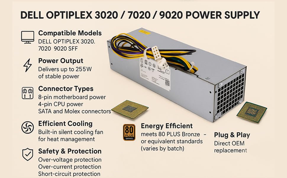 Image of Power Supply SMPS 255W for Dell Optiplex 3020 7020 9020 SFF Desktop PC Replacement Unit Compatible with L255P-01 VH9D7 Reliable Durable Computer Component for Business, Home & Office