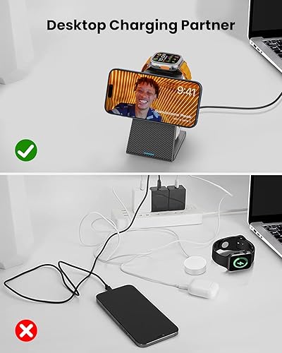 Miniatura 8 de GEEKERA Estación de carga inalámbrica 3 en 1 para Magsafe, soporte de cargador inalámbrico magnético plegable para múltiples dispositivos, cargador