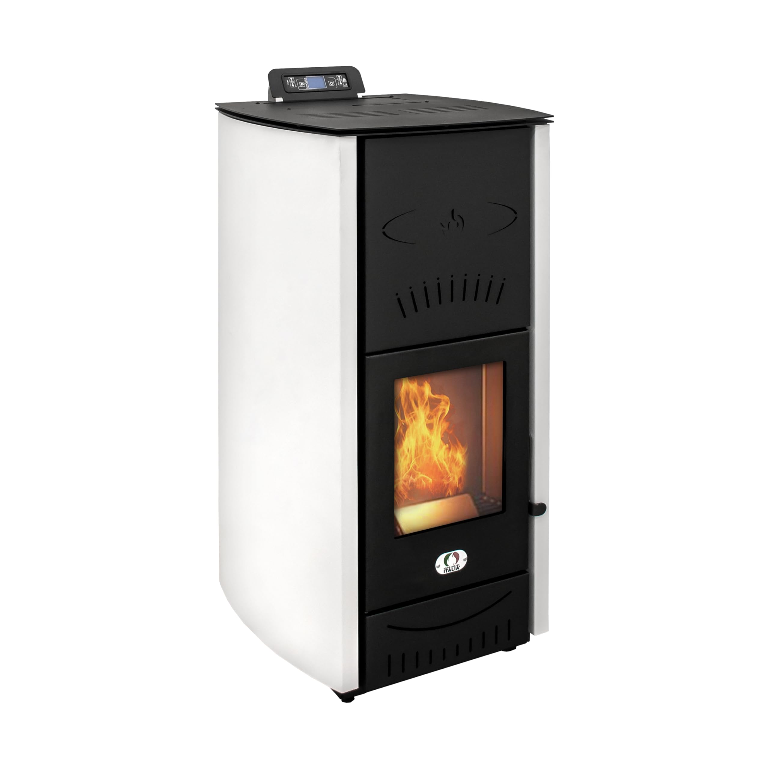 Stufe a Pellet Italia Srl - Estufa de pellets California, 8 Kw, estufa de pellet, ventilada, calienta hasta 60 m², 5 niveles de potencia, 5 velocidades de ventilación, programable, color blanco