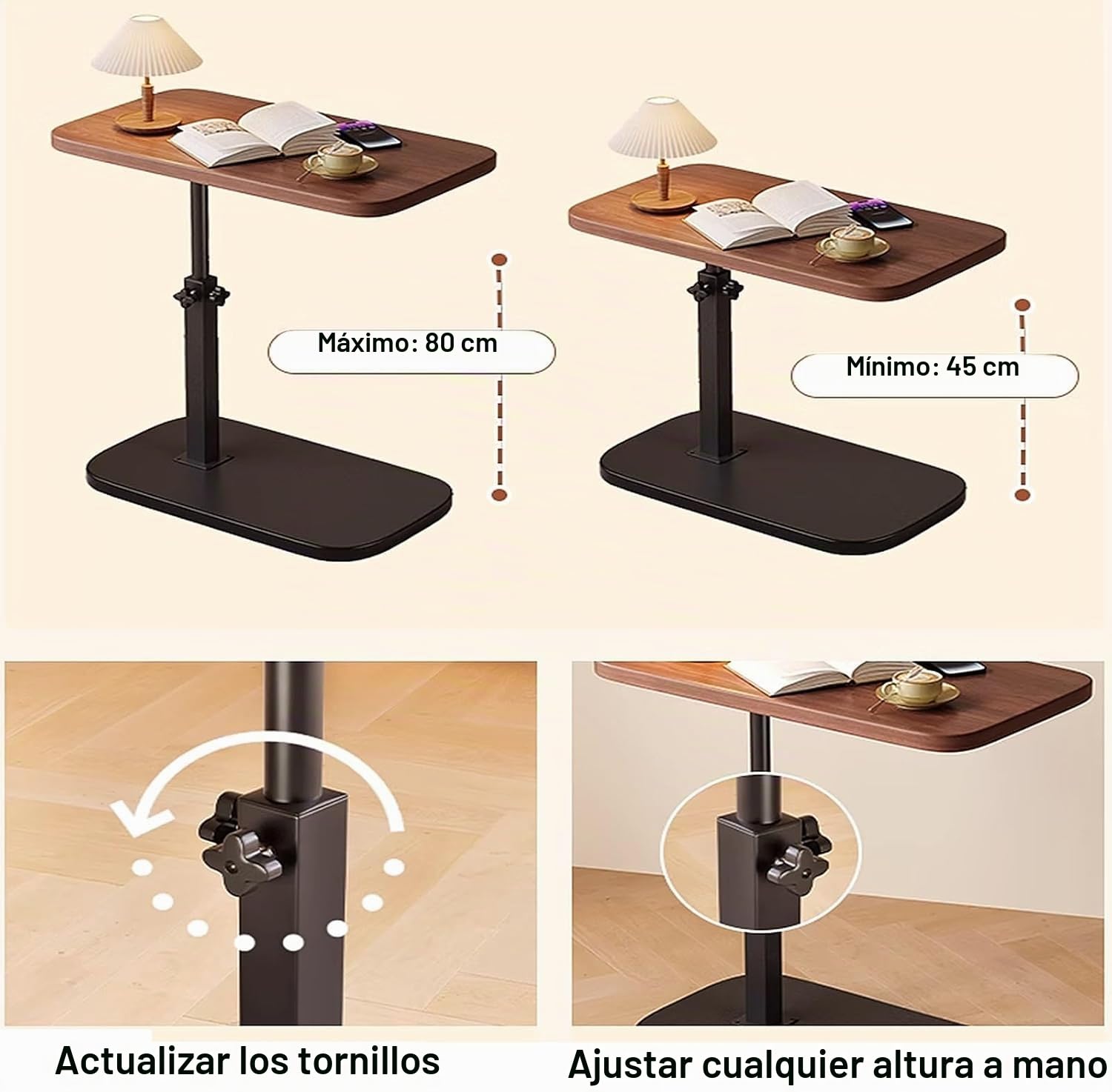 Genérico Mesa Auxiliar C con Altura Ajustable – Mesa con Bandeja Giratoria 360° para Sofá, Cama, Espacios Reducidos, Mesa de Café Plegable, Portátil y Moderna,Brown