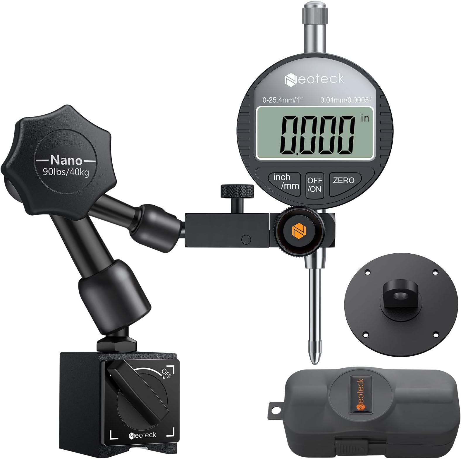 1"/25.4mm (0.0005"/0.01mm) Digital Indicator Set Dial Indicator and Magnetic Base Set with Storage Case, Ideal for 3D Printer Lathe Workshop CNC Machine Table Saw-90lbs(40kg) Max Pull -Black