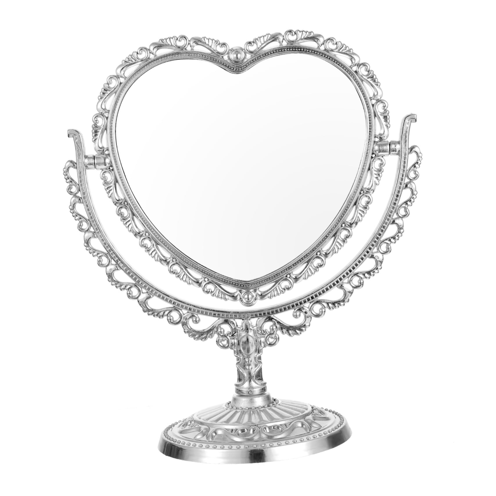 Miroir De Maquillage Double Face En Forme De Cœur - Avec Support - Côté Normal + Côté Grossissant - Portable Pour Bureau, Coiffeuse - Rose - 8