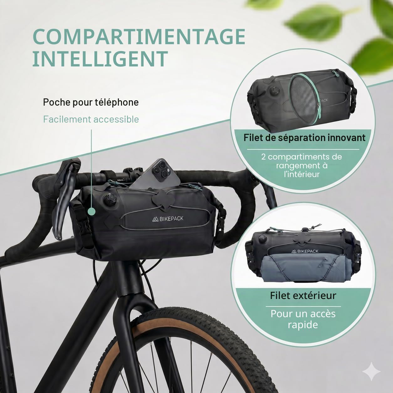 BIKEPACK Sacoche de Guidon Vélo 9,5L Étanche - Bikepacking Gravel VTT | Rouleau imperméable avec séparation intérieure et poche téléphone, montage sans outil, accessoire route et cyclotourisme