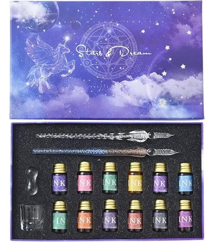 Ducale Glass Pen Set, 12 Ink Colors, 2 Pens, With Box, Starry Sky, Rainbow, Glass Dip Pen Ink Set, Gradient Cherry Blossom Pink GRS-SPK-SET : Office Products