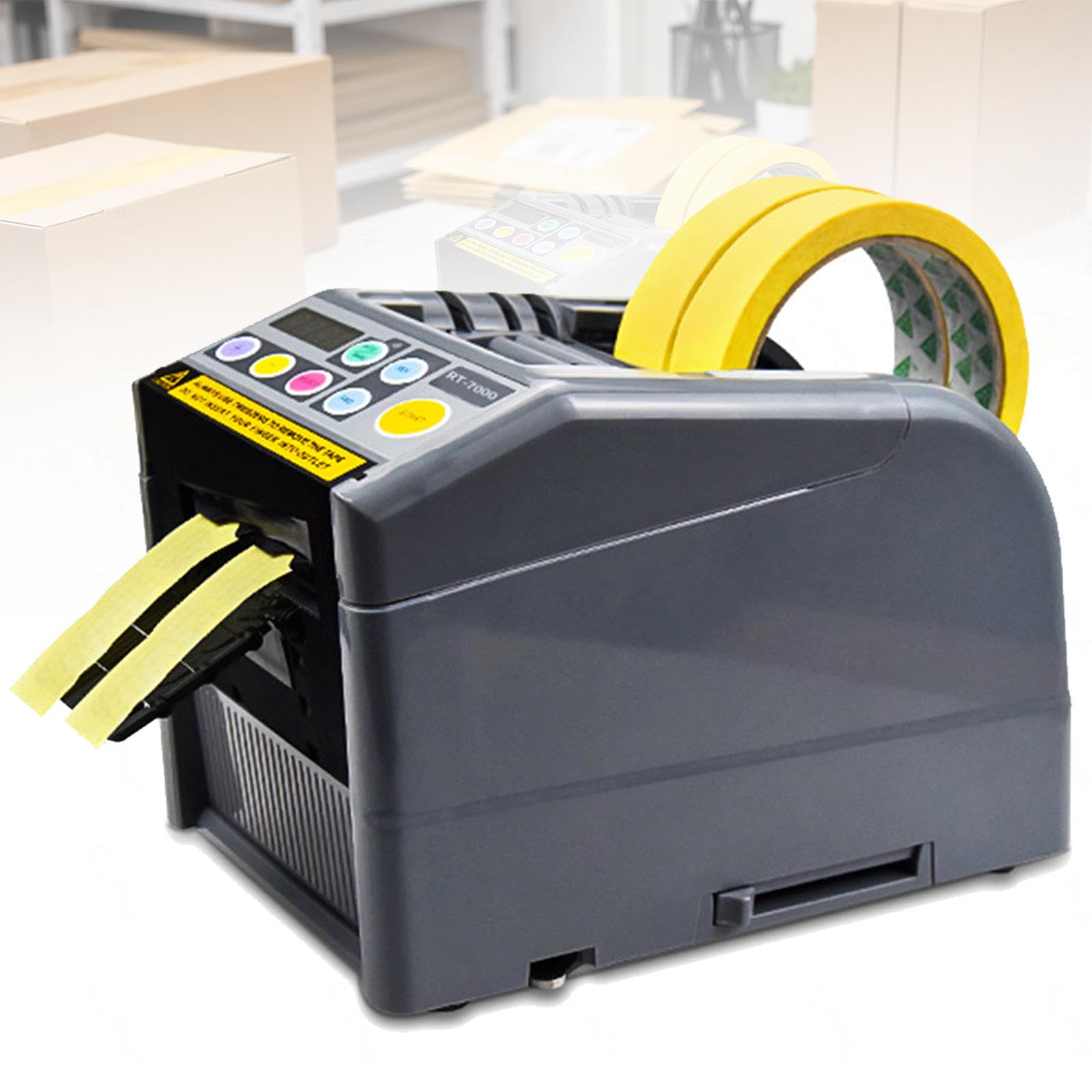 Dispensador Eléctrico de Cinta, 6-60 mm, Auto/Manual | Corte hasta 999 mm con engranaje de silicona antideslizante y pantalla LCD para oficina, almacén y embalaje.