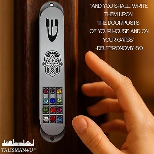 Miniatura 3 de TALISMAN4U Funda MEZUZAH de peltre con desplazamiento para 12 tribus de Israel Hoshen, diseño de protección Hamsa Star of David Judaica Door Mezuza