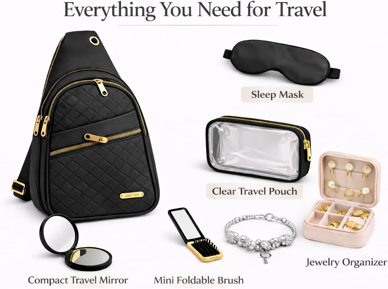 Travel Essentials Gift Set for Women – 7 Pc Travel Kit with Sling Bag, TSA Pouch, Jewelry Case & Sleep Mask