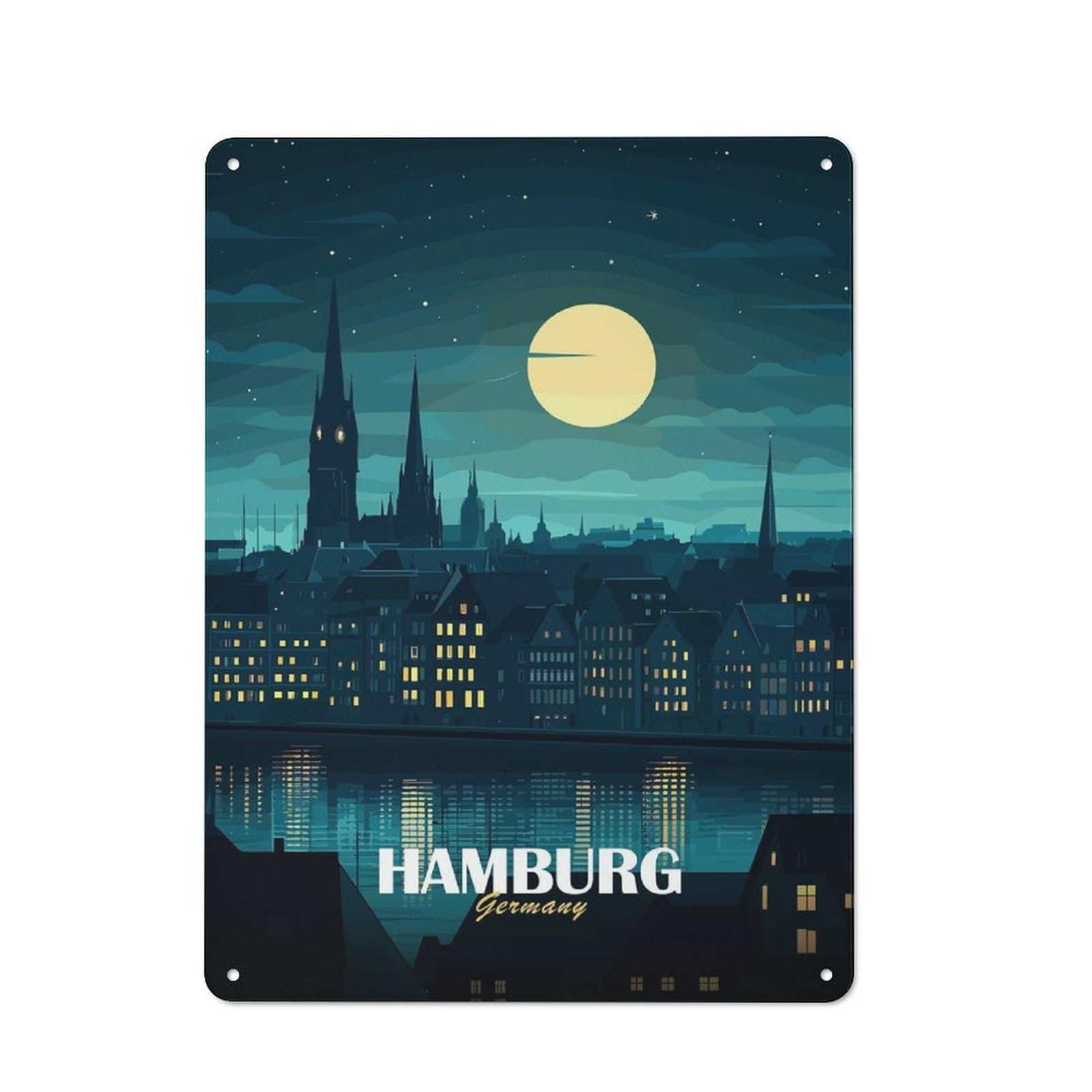 Junmoney Style-6 Vintage Hamburg Germany Night Skyline Illustration Metal Plaque 40X30cm, Diner Style Decor For Bakery, Diner, Cafe Or Family Room