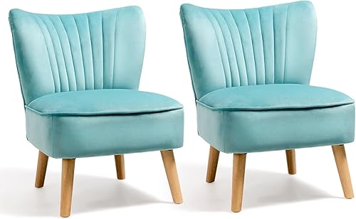 Miniatura 9 de KOMFOTT Juego de 2 sillas decorativas tapizadas, moderna silla de terciopelo sin brazos con patas de madera de goma maciza, sofá con respaldo de ala