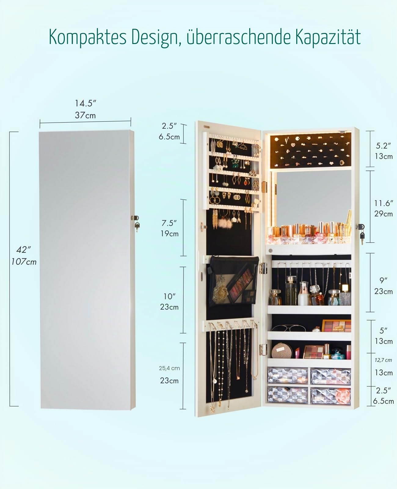 LUXFURNI 107cm Höhe Spiegel Schmuckschrank Hängend, Schmuckaufbewahrung Wand, Einbau-‌Make-up-Spiegel, 4 Schubladen Schmuckspiegel, Weiß