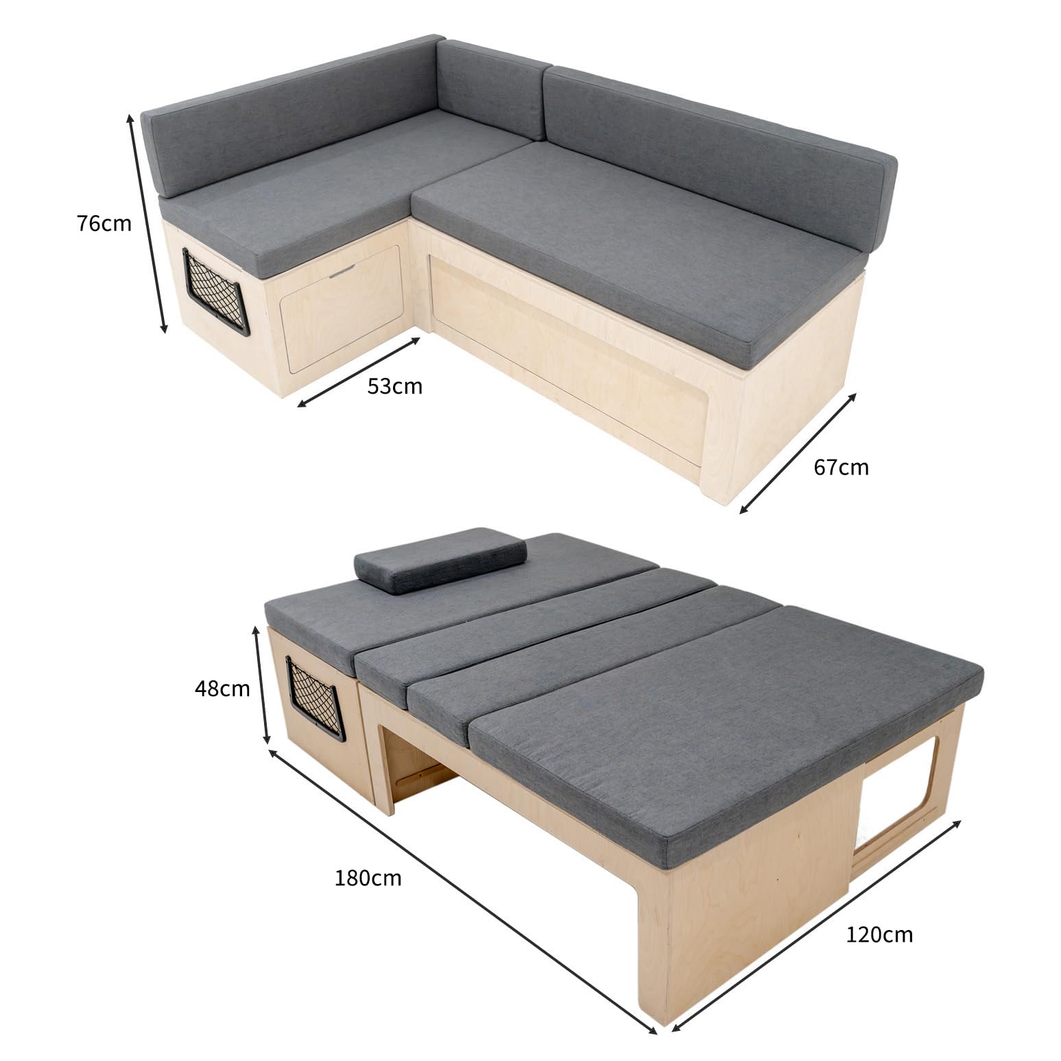 Canapé-Lit en forme de L, Bois de bouleau pour Camping-Car Rangement sous banc 2 filets rangement, Compatibilité avec plusieurs véhicules, 180cm x 120 cm [Coussins, Matelas & Fixations INCLUS]