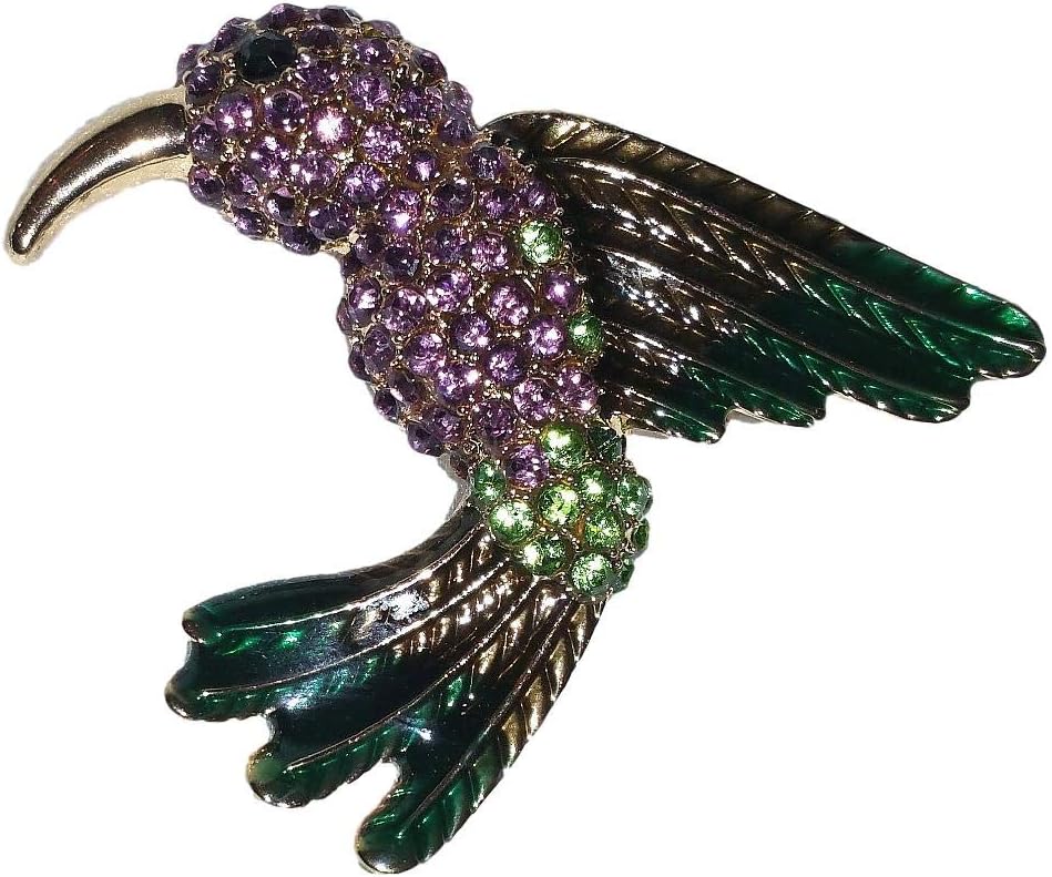 Lovely Green & Lavender Hummingbird Enamel & Austrian Crystal Brooch Pin