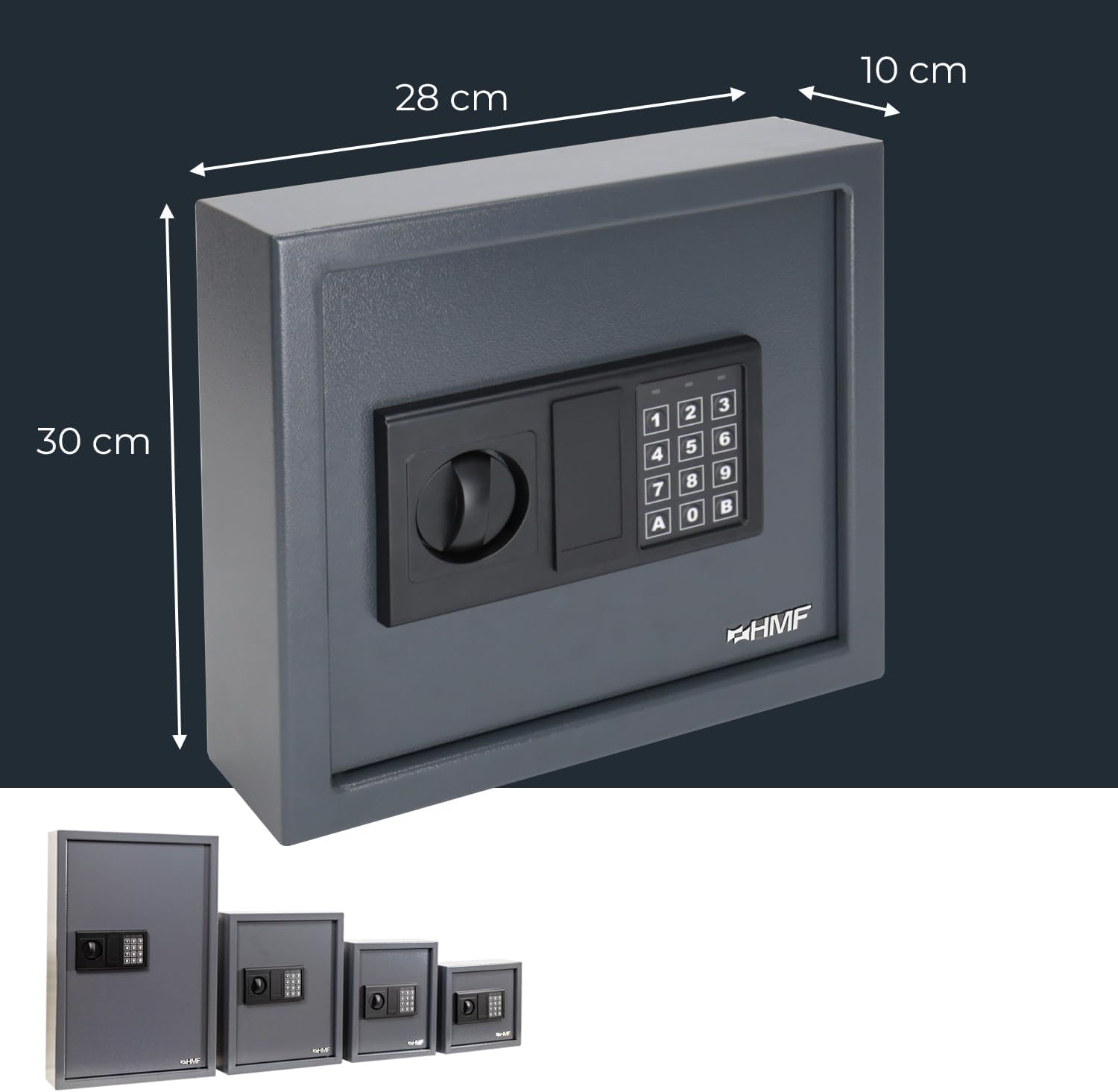 Diagram showing the dimensions of the HMF 2030-11 Key Safe: 30 cm height, 28 cm width, 10 cm depth.