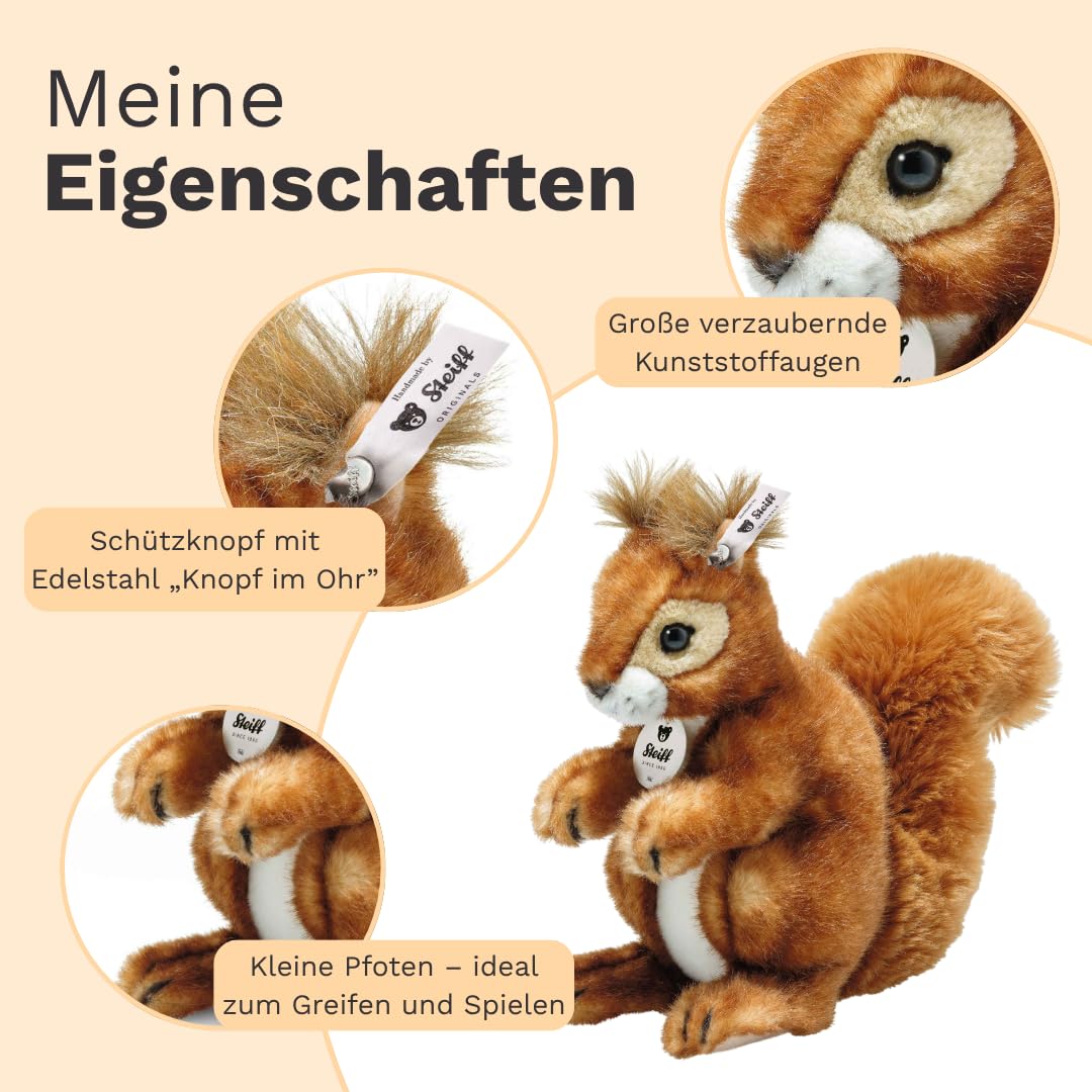 Steiff Kuscheltier Niki Eichhörnchen, Süßes Stofftier mit Kunststoffaugen, Kinder, Jungen & Mädchen, Plüschtier 21 cm, Hellbraun, 045141