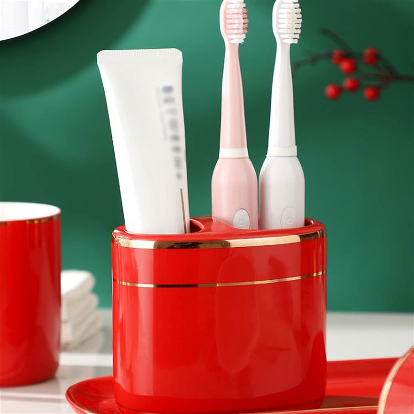 Dosificador de jabón Accesorios de baño Conjunto de cerámica Cerámica de 6 piezas Rojo - Kit de decoración de baño incluye dispensador de jabón Soporte de cepillo de dientes Soporte de cepillo de vaso
