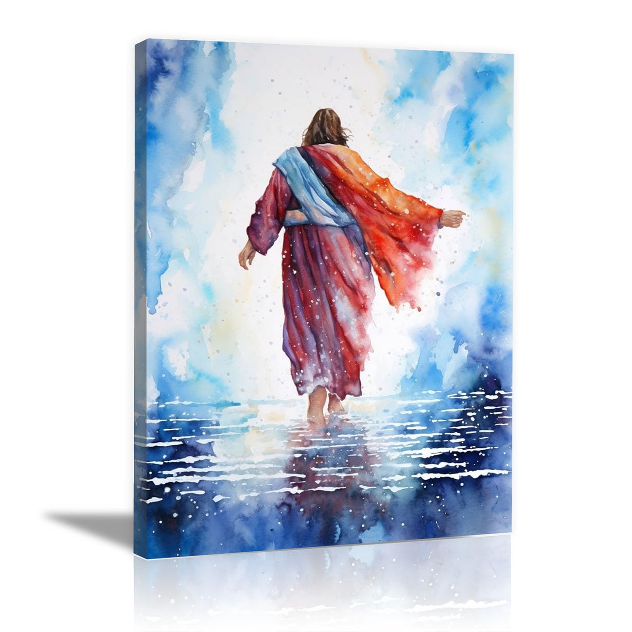 QUSAAOU Jesus Canvas Wall Art Jesus Walking in Water Christian Religious Prints Painting for Bedroom Living Room Bedroom Hallway Home Decoration(blue)-50x70cm Framed