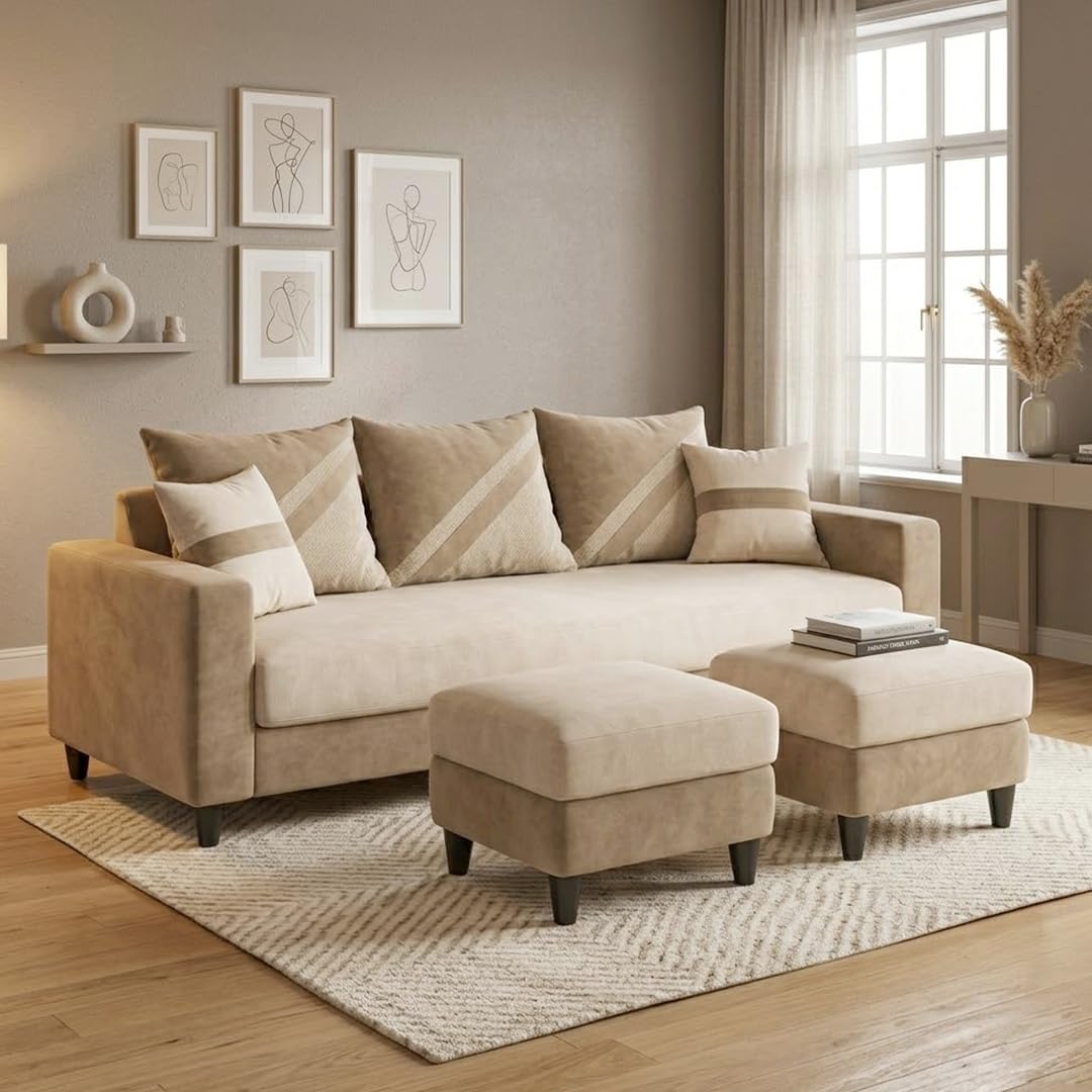 SLEEPIFY Covelle 3 Seater Sofa Set with 2 Ottoman (Cream - Beige) | Premium Soft Velvet | Plush Comfort Cushions | Modern Living Room Sofa | Spacious Comfortable Seating-image-17