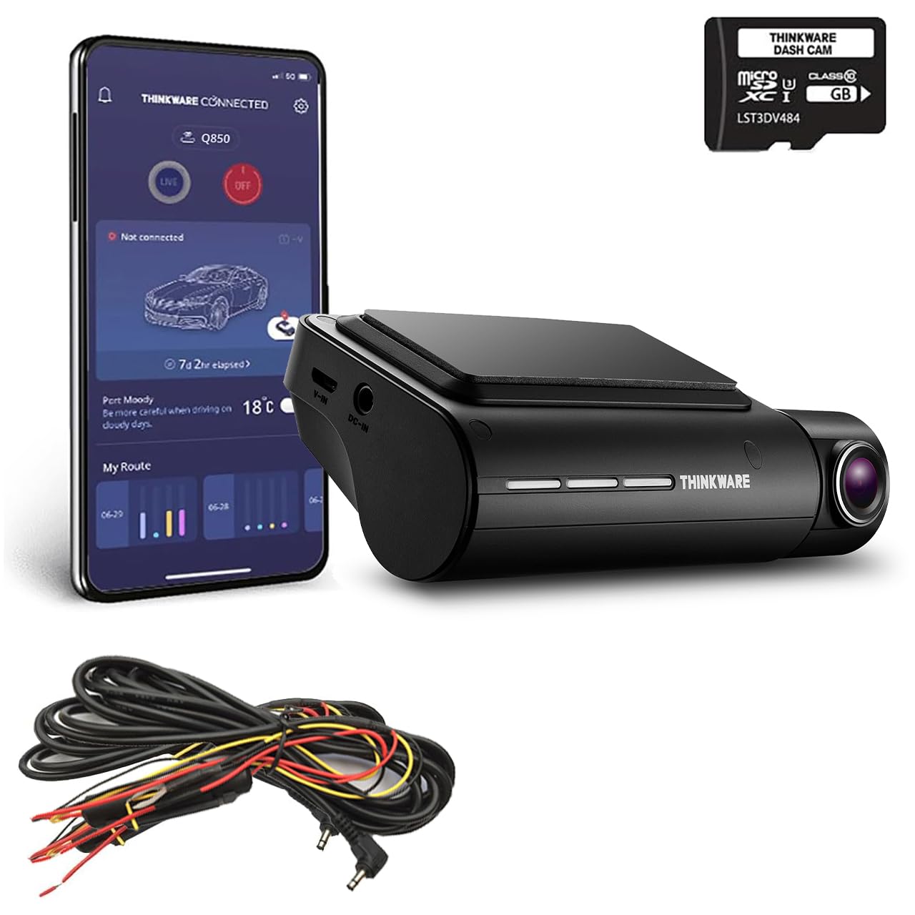 Thinkware Q850 Dash Cam QHD 1440p - Telecamera da cruscotto anteriore con super visione notturna, app connessa - Include cavo di alimentazione per batteria, modalità di parcheggio sicuro e scheda SD