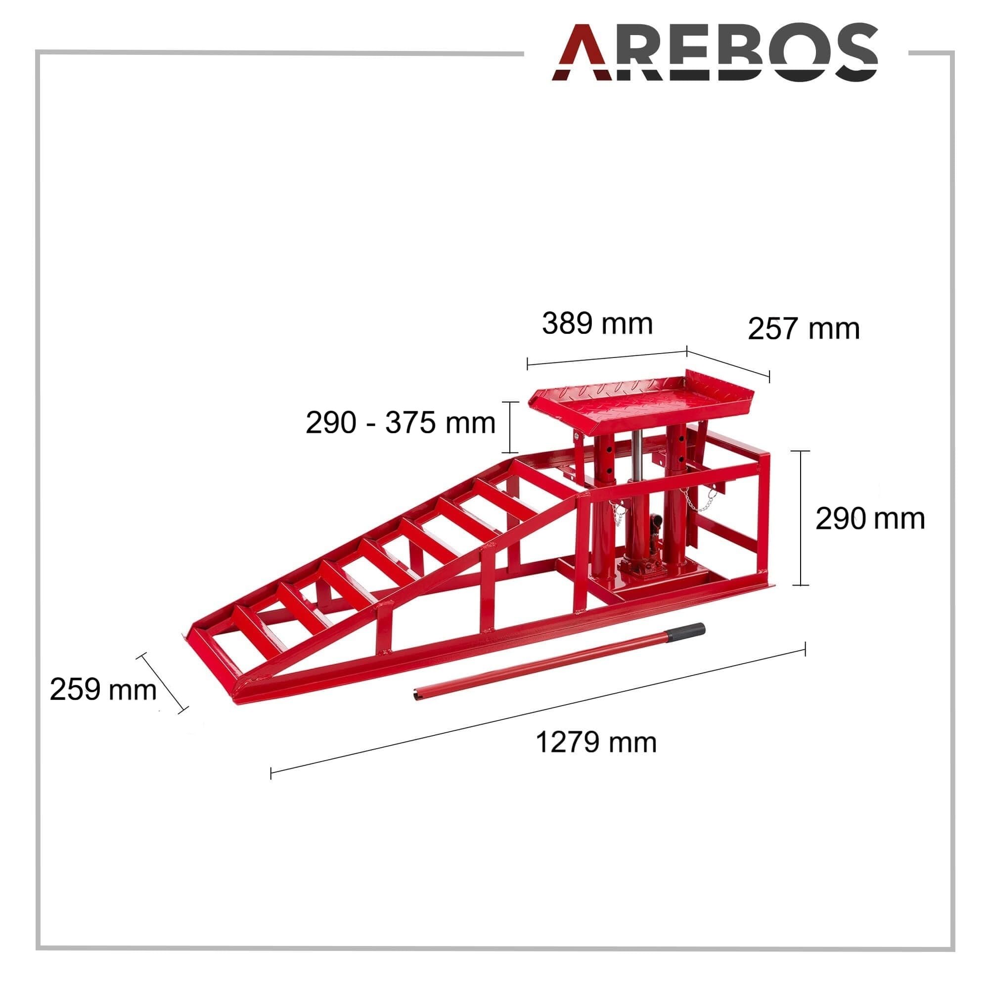 Arebos 2X Auffahrrampe mit hydraulischem Wagenheber | XXL PKW Hebebühne KFZ Rampe 257 mm Auffahrbreite | Auffahrbock Hebeplattform mit Sicherheits-/ Überdruckventil | Höhenverstellbar 2 T | Rot