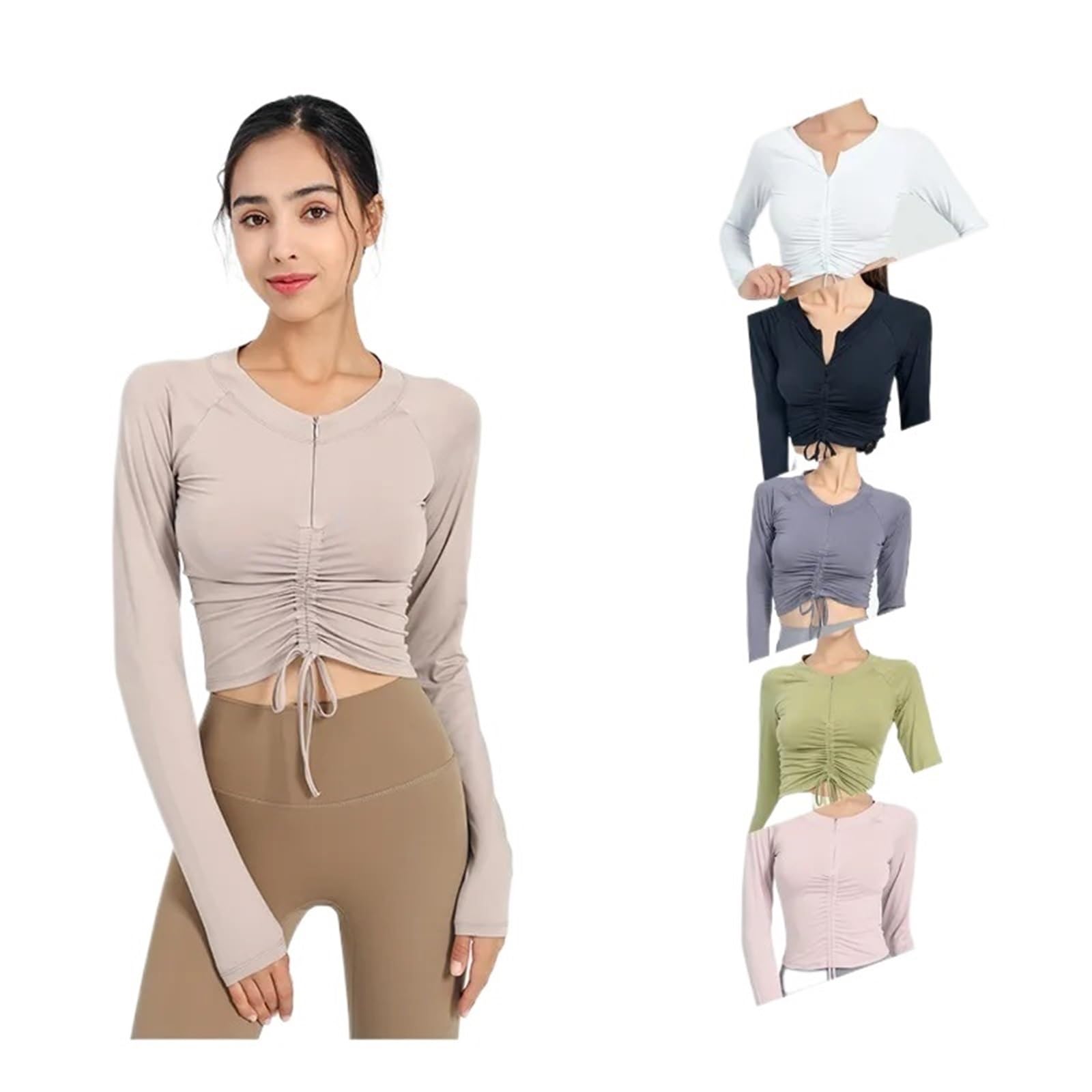 Camicia a Maniche Lunghe Semi Zip con Coulisse Frontale Top da Yoga Donna Sport Activewear Top da Corsa for Fitness Camicetta Femminile Palestra da Donna per Sport Casual