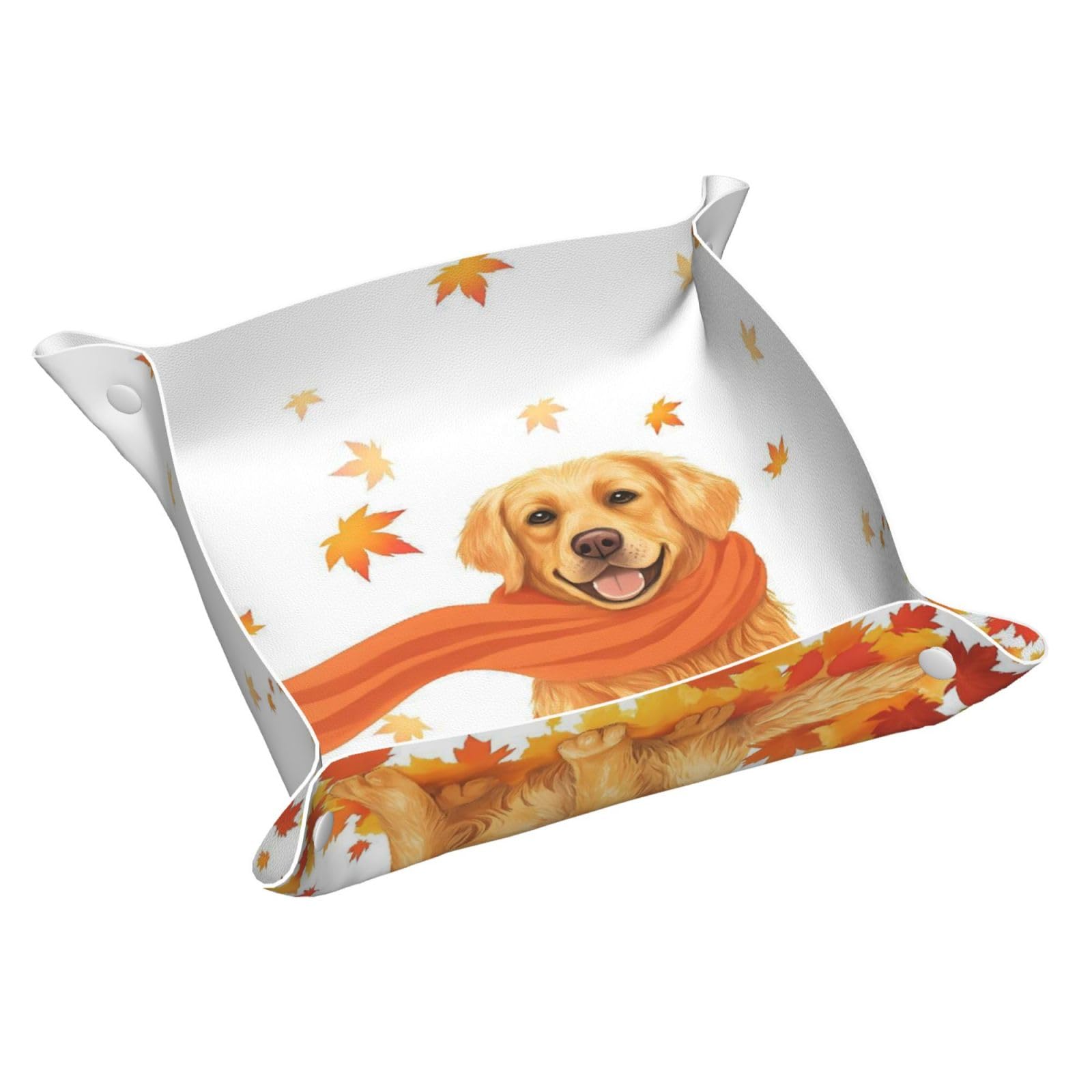 HLBSDM Autumn Golden Retriever & Maple Leaves Tray Men's Leather Valet Parking Portable Entrance Trays Bedside Storage Box