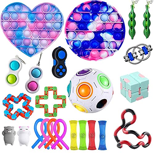 UKKITEK 23 Pcs Fidget Toys Set, Stress Relief and Anti-Anxiety Silicon Sensory Toys Bundle for Kids and Adults, Push Popping Bubble and Simple Dimple, Stress Ball, Infinity Cube, Buckle Ring & More