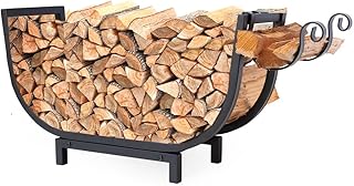 Firewood Rack Outdoor and Indoor Firewood Storage with Kindling Wood Hooks. 24.5 in curved Double Coated Fire Wood Rack. Waterproof Rustproof Stable Log Holder and Fireplace Organizer