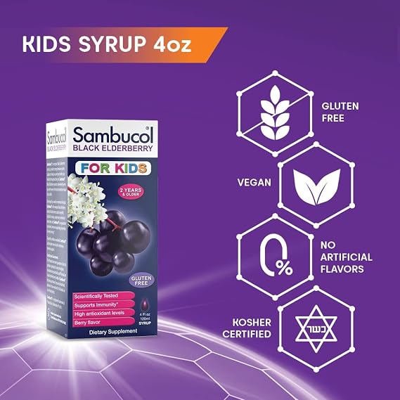 Sambucol Black Elderberry Syrup for Kids - High Antioxidants - 4 Fl Oz | Elderberry Liquid with Vitamin C for Kids No Artificial Flavors, Daily Wellness Support, Berry Flavored