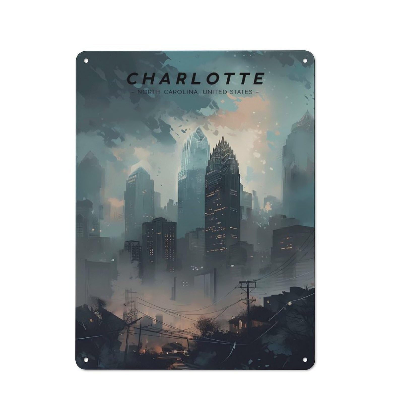 Junmoney Style-11 Metal Plaque 40X30cm With Charlotte Skyline Horizon For Pub Or Café, Vintage Decor, For Metal Sign Collectors, For Vintage Wall Decor Fans