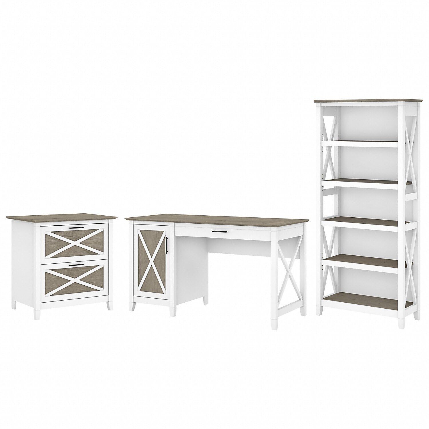 Maykoosh Old World Charm 54W Computer Desk with 2 Drawer Lateral File Cabinet & 5 Shelf Bookcase - Stylish Home Office Furniture Set, 54"x24"x30", Pure White/Shiplap Gray