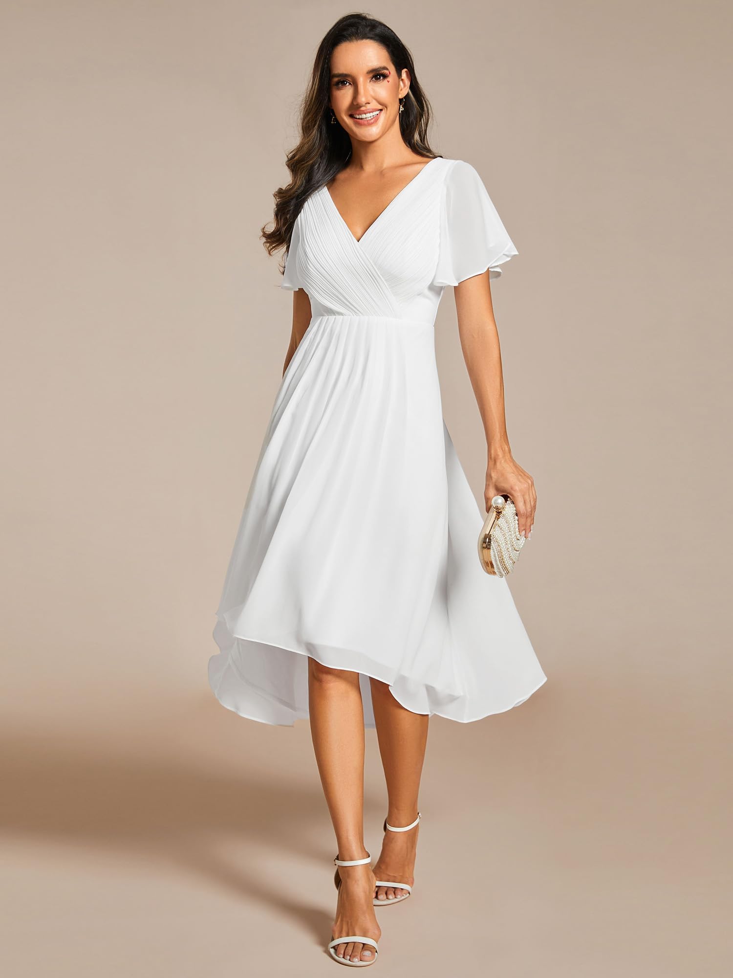 Ever-Pretty Robe de Soirée High Low Col V Robe D'Invité Manches Courtes A Line Blanc42