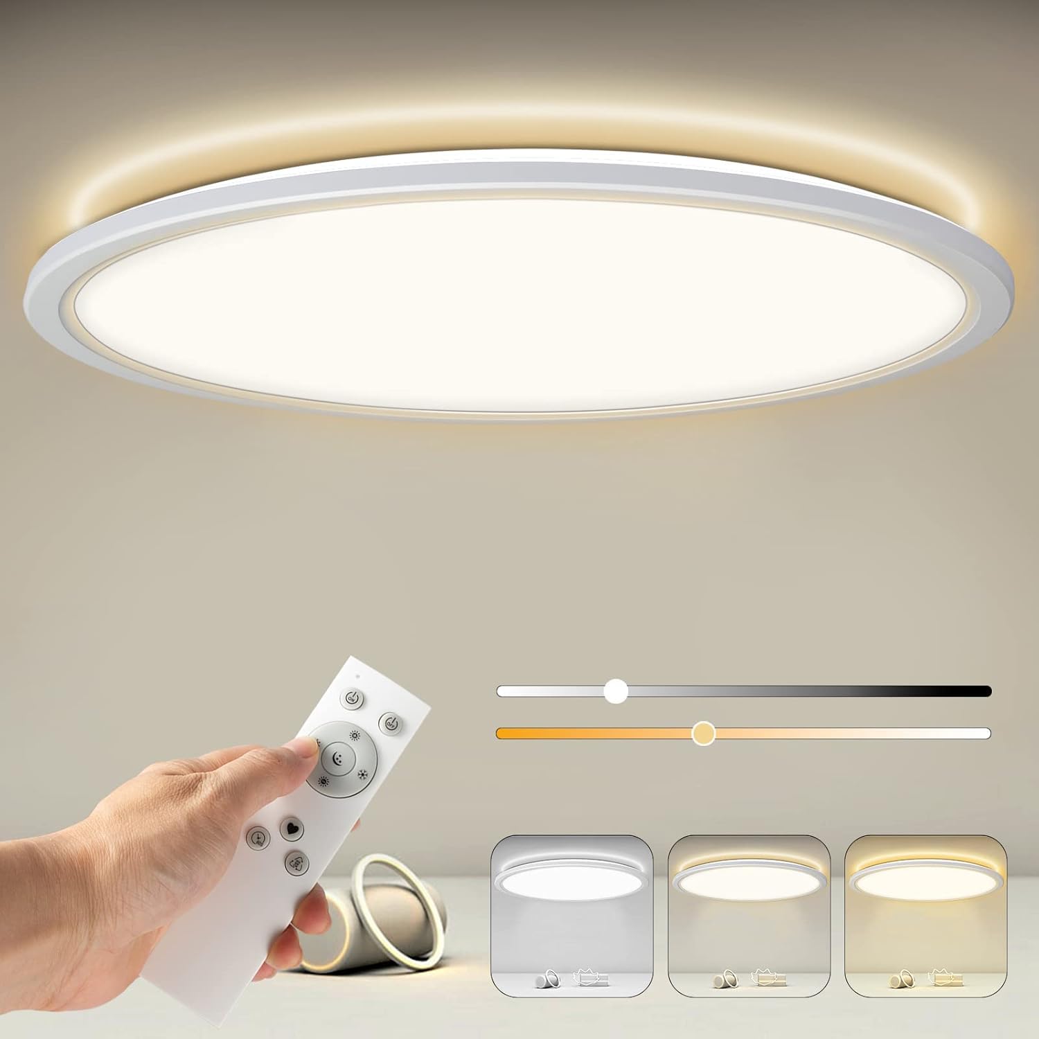 Lámpara de techo LED regulable con control remoto, lámpara de techo redonda de panel 24W 2400LM IP44 2.5cm ultra delgada, 30x30cm blanca para dormitorio/ habitación de niños/ sala de estar/ cocina