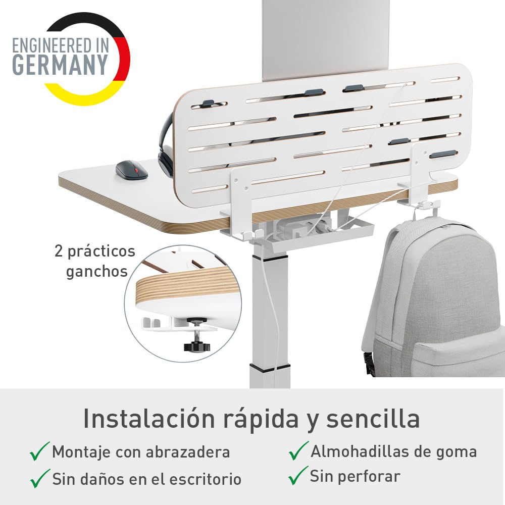 Leitz 65490000 - Organizador de Escritorio con Panel Perforado Ergo, Soporte para Portátil, Compatible con Escritorios de hasta 35 mm de Grosor, Montaje con Abrazadera, 80 cm x 25 cm, Blanco