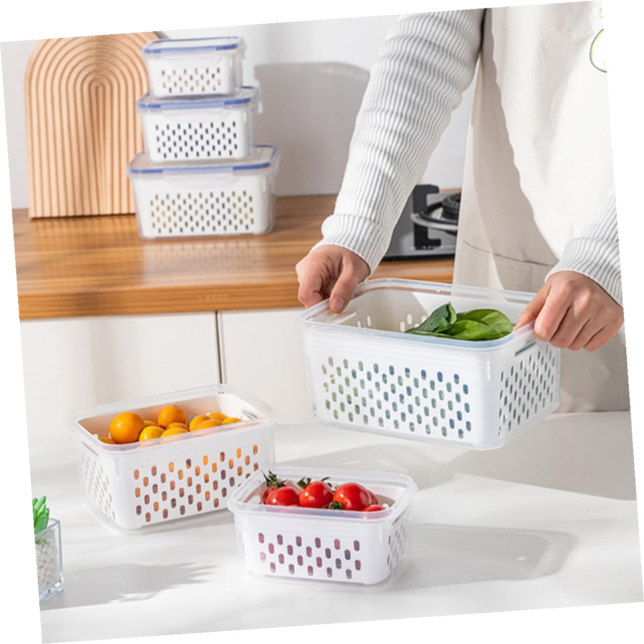 Contenedor de Alimentos Hermético Rectangular con Tapa y Cesta de Drenaje