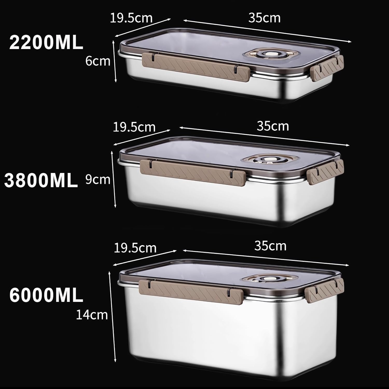3-częściowy zestaw dużych pojemników na żywność ze stali nierdzewnej, 2200 ml, 3800 ml, 6000 ml, szczelne, próżniowe pudełko na piknik, podróż