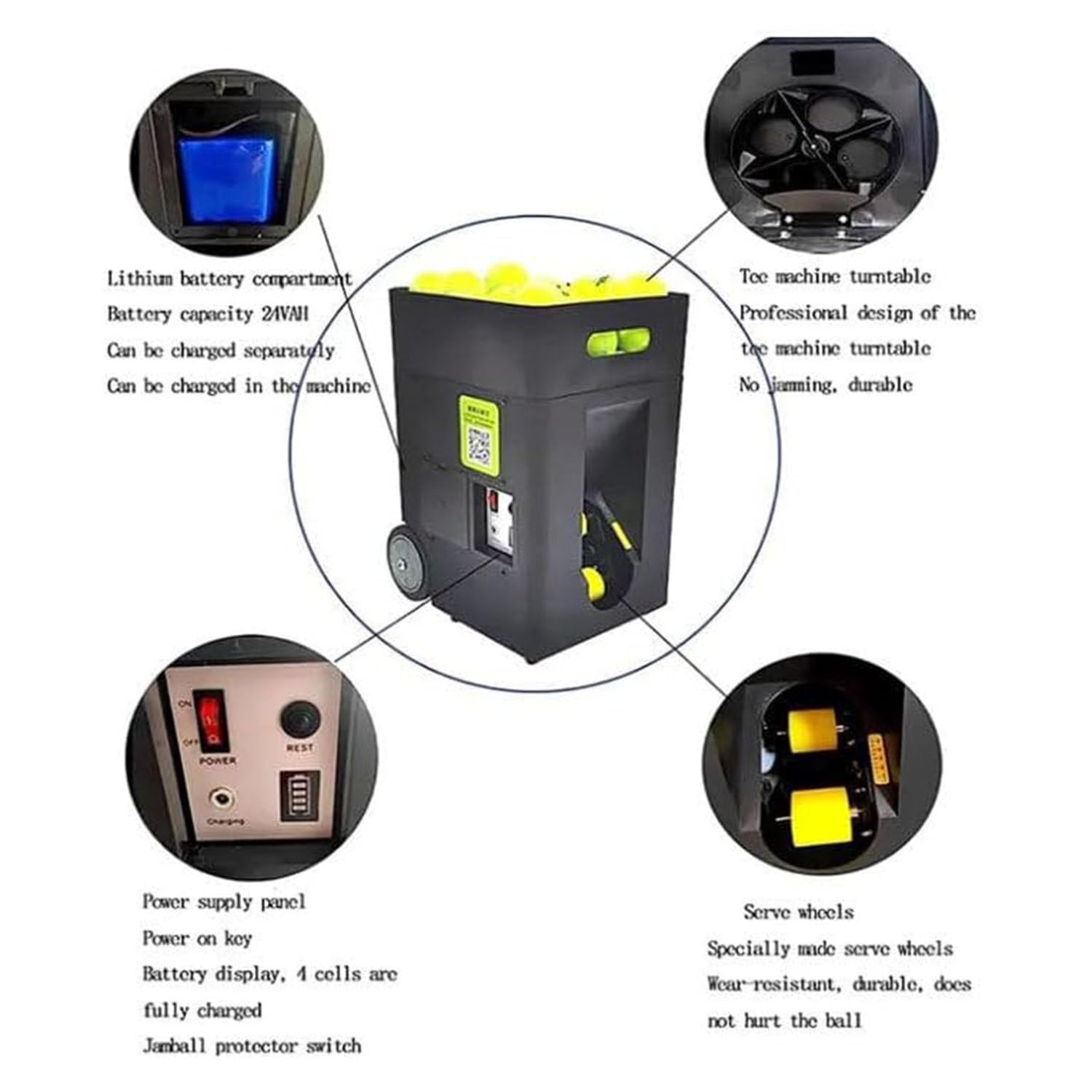 LQQYJSM Automatic Tennis Ball Launcher, Three-Position Adjustable Pull Rod, Dual-Mode Control, 50-Ball Tennis Ball Machine, Pre-Programmed and Custom Drills, Complete Training Mode