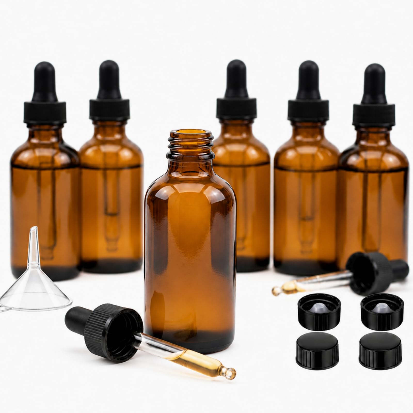 Photo 1 of Hushee 6 Pack 4 oz Amber Glass Dropper Bottles for Essential Oils with Measured Eye Dropper, 6 Black Caps, 1 Funnel for Personal Care, Tincture Bottles Leakproof Travel Bottle Lab Chemicals Perfumes