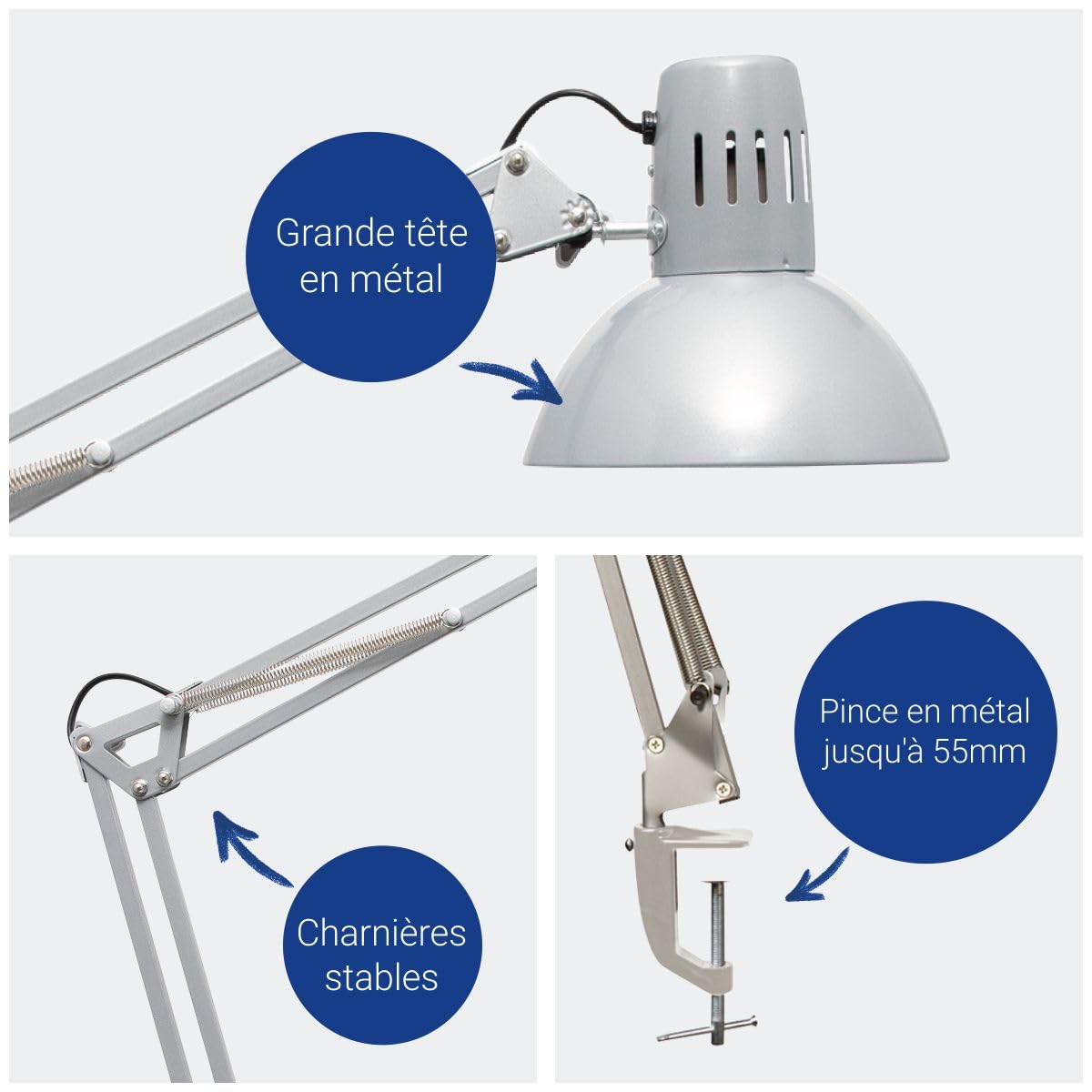 MAUL Lampe de bureau MAULstudy à pince argent E27 LED blanc chaud | fixation stable sur rebord, bras double orientable, lumière agréable, ampoule remplaçable incluse