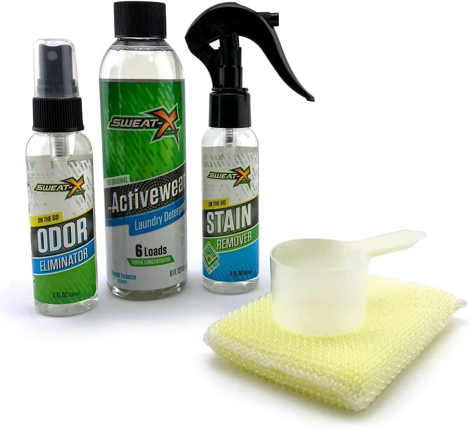Sweat X Sport Essentials Kit - Trial Size Laundry Detergent, Odor Eliminator and Stain Remover Spray