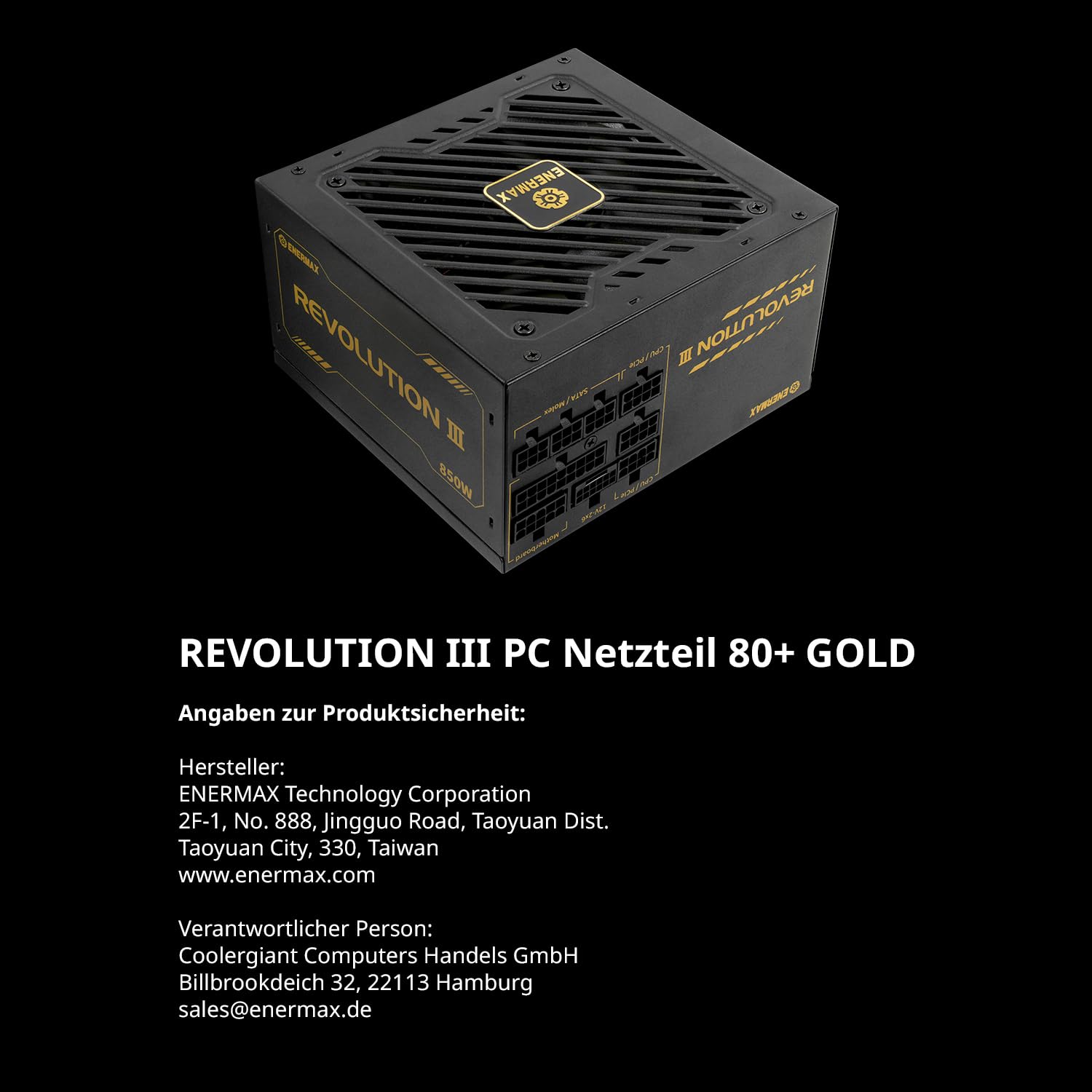 ENERMAX Revolution III 1000W PC Netzteil vollmodular 80+ Gold 5.1 12V-2x6 | PCIe 5.1, 80 PLUS Gold, 120mm FDB-Lüfter flüsterleise, 105°C japanische Kondensatoren, ERV1000G-AHG-MAC
