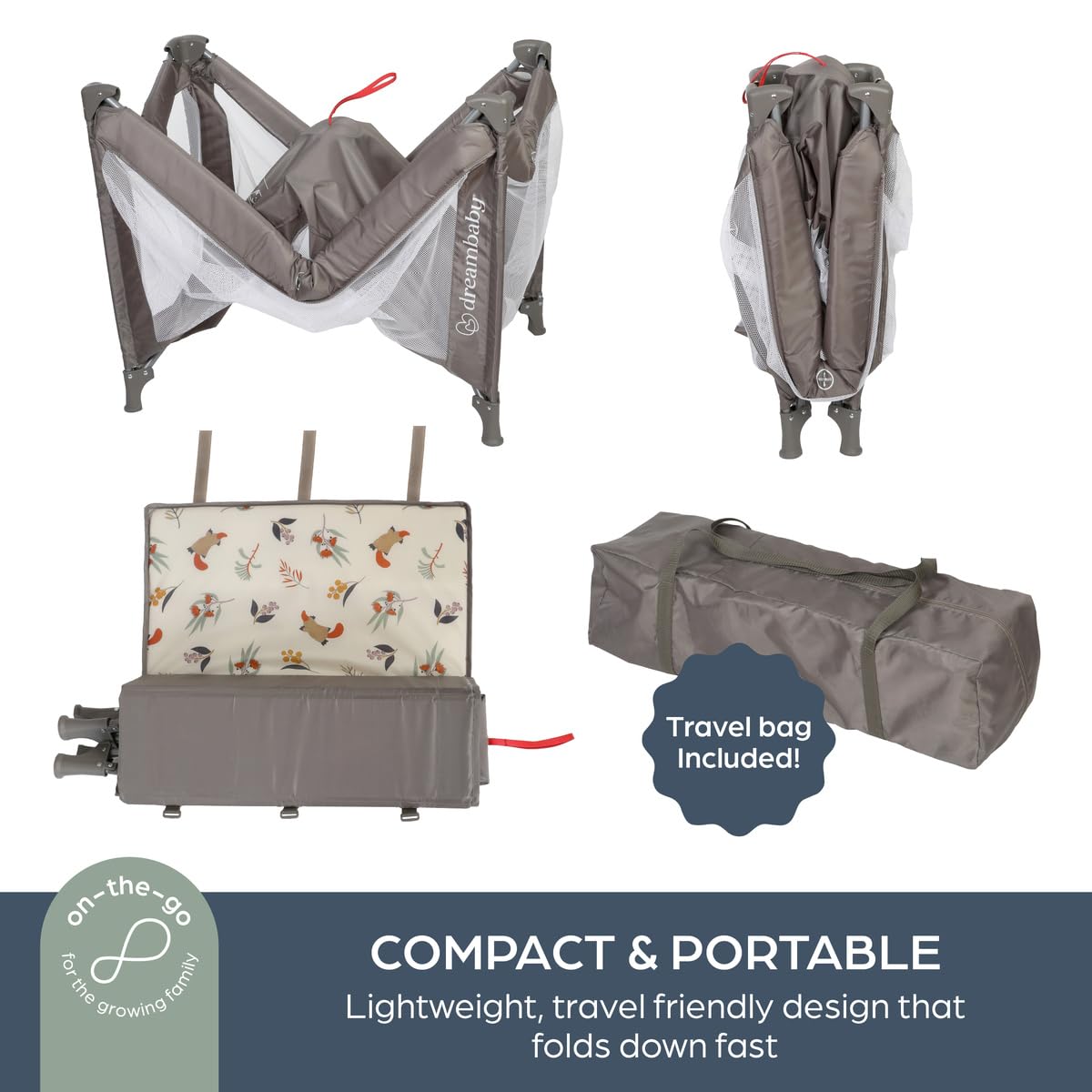 Dreambaby Quest - Lettino da viaggio full size, leggero, dalla nascita a 15 kg, facile da piegare e compatto, borsa da viaggio, 120 cm x 60 cm, materasso imbottito spesso, grigio talpa